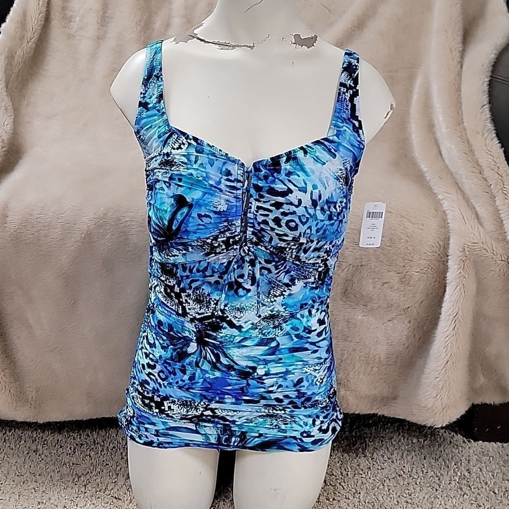 SOMA COTTEX OASIS SHADES OF BLUE ANIMAL PRINT TANKINI SWIM TOP, SIZE 12 - NEW - Picture 13 of 16